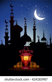 Ramadan Kareem islamic background. Eid mubarak. Islam holly month. Vector illustration of lighting lantern. Ramadan greeting template. Arabic design. Intricate Arabic lamp celebration Muslim festival.