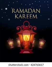 Ramadan Kareem islamic background. Eid mubarak. Islam holly month. Vector illustration of lighting lantern. Ramadan greeting template. Arabic design. Intricate Arabic lamp celebration Muslim festival.