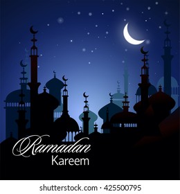 Ramadan Kareem islamic background. Eid mubarak. Islam holly month. Vector illustration of eastern night landscape. Ramadan greeting template. Arabic design. Midnight muslim architecture.