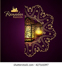 Ramadan Kareem islamic background. Eid mubarak. Islam holly month. Vector illustration of lighting lantern. Ramadan greeting template. Arabic design. Intricate Arabic lamp celebration 