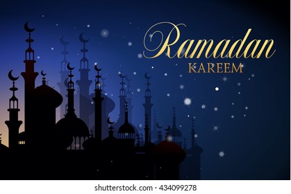 Ramadan Kareem islamic background. Eid mubarak. Islam holly month. Vector illustration of eastern night landscape. Ramadan greeting template. Arabic design. Midnight muslim architecture.