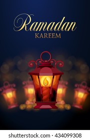 Fondo islámico Ramadan Kareem. Eid mubarak. El mes sagrado del Islam. Ilustración vectorial de linterna de iluminación. Plantilla de saludo de Ramadán. Diseño árabe. Intrincada celebración de una lámpara árabe festival musulmán.