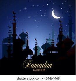 Fondo islámico Ramadan Kareem. Eid mubarak. El mes sagrado del Islam. Ilustración vectorial del paisaje nocturno oriental. Plantilla de saludo de Ramadán. Diseño árabe. Arquitectura musulmana de medianoche.