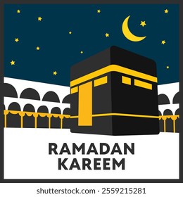 ramadan kareem islamic background with flat ka'bah alharam mosque and papercut concept style design vector eps 10, eid mubarak, hari raya, eid fitr, eid adha, hajj, umrah