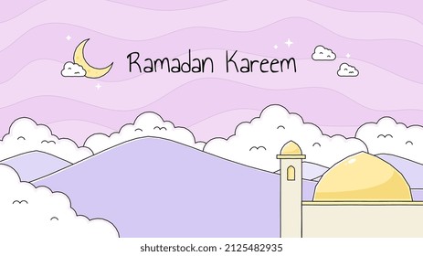 Fondo islámico Ramadan Kareem con diseño de paisaje dibujado a mano. Fondo vectorial.