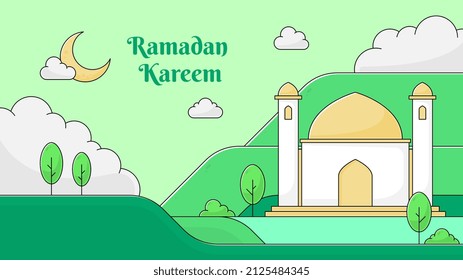 Ramadan Kareem islamischer Hintergrund mit handgezeichnet Landschaftsdesign. Vektorhintergrund.
