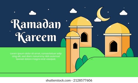 Fondo islámico Ramadan kareem con diseño de paisaje dibujado a mano. Vector de fondo