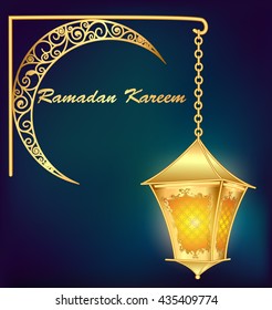 Ramadan Kareem islamic background. Islam holly month. Vector illustration of lighting lantern. Ramadan greeting template. Arabic design. Intricate Arabic lamp celebration Muslim festival.