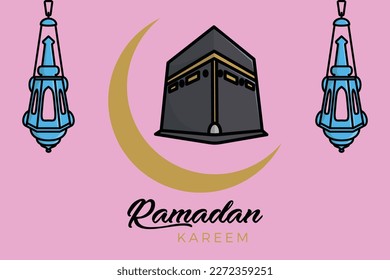 Ramadan Kareem Islamic background with Ka'bah alharam mosque and Lantern Lamp vector illustration. Islamic holiday icon concept. Ramadan Kareem vector greeting post design.