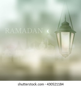 Ramadan Kareem islamic background with Lamp and silhouette mosque. Arabic vector Lamp on shiny abstract background for Ramadan Kareem. Handing illuminated lamp with text,  light, blur and bokeh