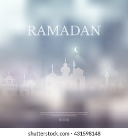 Ramadan Kareem islamic background with Lamp and silhouette mosque. Arabic vector Lamp on shiny abstract background for Ramadan Kareem. Silhouette mosque, light, blur and bokeh