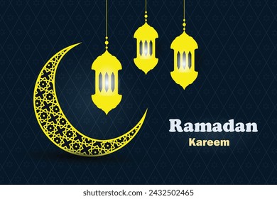Ramadan kareem islamic background with lantern crescent moon stars and mandala pattern golden color islamic greetings. Ramadan Mubarak Islamic festival decor Holy Month celebration banner, invitation.