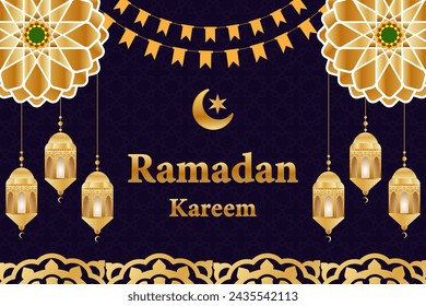 Ramadan kareem islamic background with lantern crescent moon stars and mandala pattern golden color islamic greetings. Ramadan Mubarak Islamic festival decor Holy Month celebration banner, invitation.