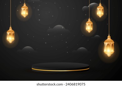 Ramadan Kareem Islamic background of lanterns, moon and clouds.