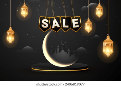 Ramadan Kareem Islamic background of lanterns, moon and clouds.