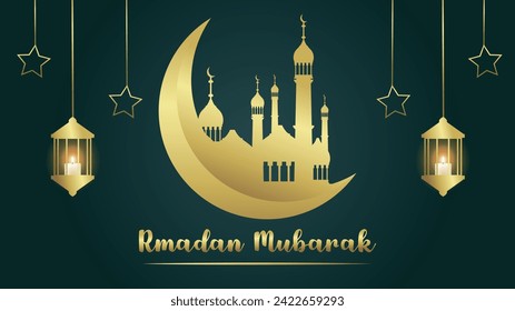 Ramadan kareem islamic background. Moon, stars, lanterns and Islamic mosque at night on green background. design vector illustration.