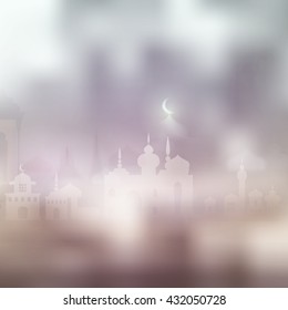 Ramadan Kareem islamic background with moon and silhouette mosque. Arabic vector Lamp on shiny abstract background for Ramadan Kareem. Silhouette mosque, light, blur and bokeh