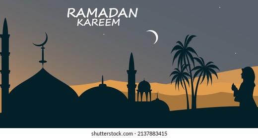 Ramadan Kareem Islamic background. Moon-rise over the mosque and palm tree