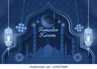 Ramadan Kareem Islamic background with mosque and line element blue color
