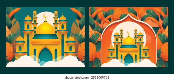 Ramadan Kareem Islamic background with Mosque and natural leaves