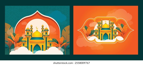 Ramadan Kareem Islamic background with Mosque and natural leaves