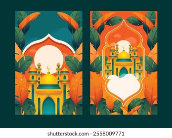 Ramadan Kareem Islamic background with Mosque and natural leaves