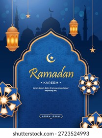 Ramadã Kareem Plano de Fundo Islâmico com Silhueta de Mesquita e Lanternas