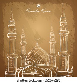 Ramadan Kareem islamic background outline mosque sketch - Translation of text : Ramadan Kareem - May Generosity Bless you during the holy month