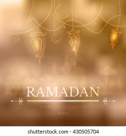 Ramadan Kareem islamic background outline Lamp sketch and silhouette mosque. Hanging illuminated lamp in contour, mosque and bokeh. Yellow blurred background with silhouette of mosque and simple text
