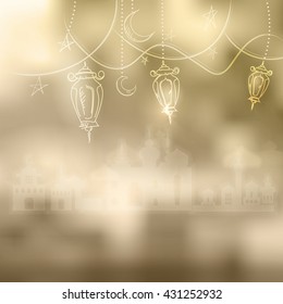 Ramadan Kareem islamic background outline Lamp sketch and silhouette mosque. Hanging illuminated lamp in contour, mosque and bokeh. Yellow blurred background with silhouette of mosque