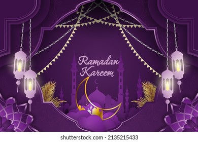 Ramadan Kareem Islamic background purple color with mosque silhouette and gold moon