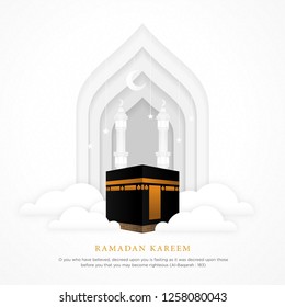 ramadan kareem fundo islâmico com realista mesquita ka'bah alharam e estilo de design de estilo papercut vector eps 10, eid mubarak, hari raya, eid fitr, eid adha, hajj, umrah