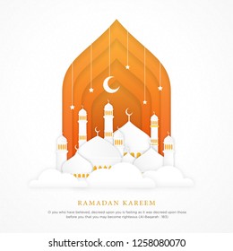 ramadan kareem islamic background with realistic mosque dome and papercut concept style design vector eps 10, eid mubarak, hari raya, eid fitr, eid adha, hajj, umrah