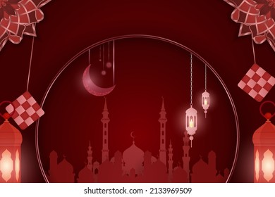 Ramadan Kareem Islamic background red with mosque and line element