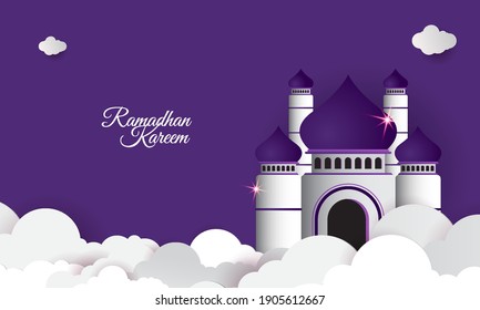 Fondo islámico Ramadan kareem con color violeta, mezquita, nubes cortadas de papel, estrellas. Ideal para carteles, banners, papel pintado, diseño de tarjetas de felicitación. Ilustración vectorial. Lugar para el texto