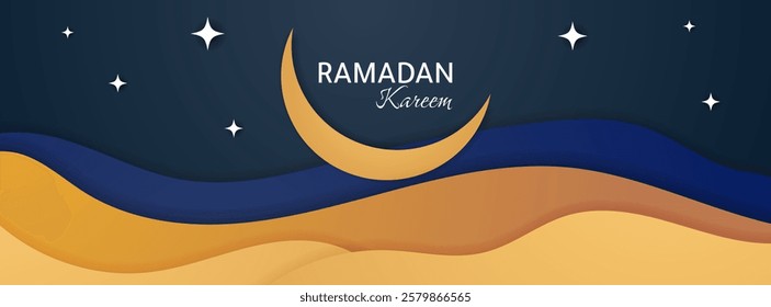 ramadan kareem islamic banner design with wave shape and moon