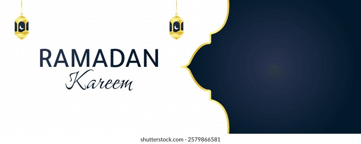 ramadan kareem islamic banner design with mandala and arabic lantern. dark blue gradient
