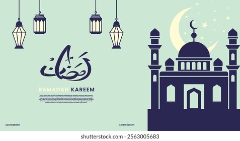 Ramadan Kareem. Islamic banner, poster, greeting card template with ramadan for wallpaper design. Modern art design with pattern of beautiful Arabic ornament the backdrop of a bright big crescent moon