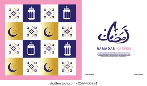 Ramadan Kareem. Islamic banner, poster, greeting card template with ramadan for wallpaper design. Modern art design with pattern of beautiful Arabic ornament the backdrop of a bright big crescent moon