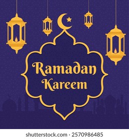 Ramadan Kareem. Islamic banner, poster, greeting card template with ramadan for wallpaper design. Modern art design with pattern of beautiful Arabic ornament the backdrop of a bright big crescent moon