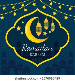 Ramadan Kareem. Islamic banner, poster, greeting card template with ramadan for wallpaper design. Modern art design with pattern of beautiful Arabic ornament the backdrop of a bright big crescent moon