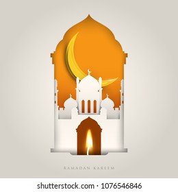 Ramadan kareem islamic beautiful design template. Mosque composition in paper cut style.  Background for greeting card, banner, cover or poster. Vector illustration. EPS 10.