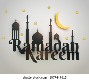 Ramadan kareem islamic beautiful design template. Mosque and inscription in paper cut style. Background for greeting card, banner, cover or poster. Vector illustration. EPS 10.