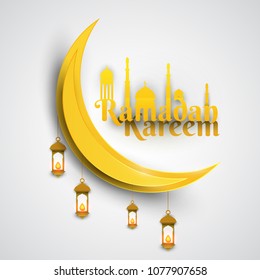 Ramadan kareem islamic beautiful design template. Composition with moon in paper cut style. Background for greeting card, banner, cover or poster. Vector illustration. EPS 10.