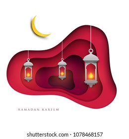 Ramadan kareem islamic beautiful design template. Holiday composition in modern paper cut style. Trendy background for greeting card, banner, cover or poster. Vector illustration.
