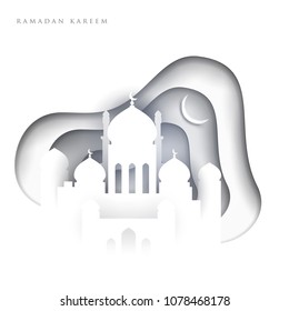 Ramadan kareem islamic beautiful design template. Holiday composition in modern paper cut style. Trendy background for greeting card, banner, cover or poster. Vector illustration.
