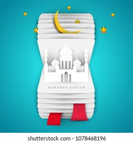 Ramadan kareem islamic beautiful design template. Holiday composition in modern paper cut style. Trendy background for greeting card, banner, cover or poster. Vector illustration.