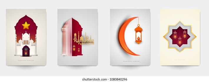 Ramadan kareem islamic beautiful design template. Minimal composition in paper cut style. Set holiday background for branding greeting card, banner, cover, flyer or poster. Vector illustration.