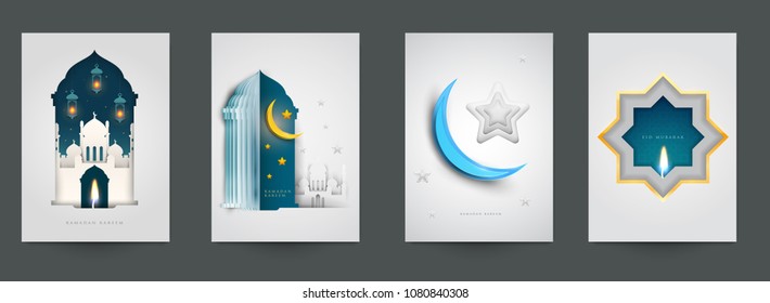 Ramadan kareem islamic beautiful design template. Minimal composition in paper cut style. Set holiday background for branding greeting card, banner, cover, flyer or poster. Vector illustration.