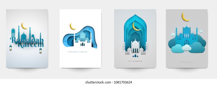Ramadan kareem islamic beautiful design template. Minimal composition in paper cut style. Set holiday background for branding greeting card, banner, cover, flyer or poster. Vector illustration.